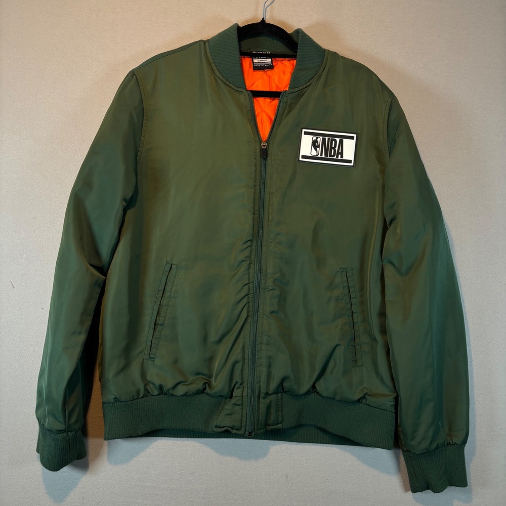 NBA Bomberโ Jacket Mens Large Green Orange Quilted Lining MA-1 Flight Full Zip